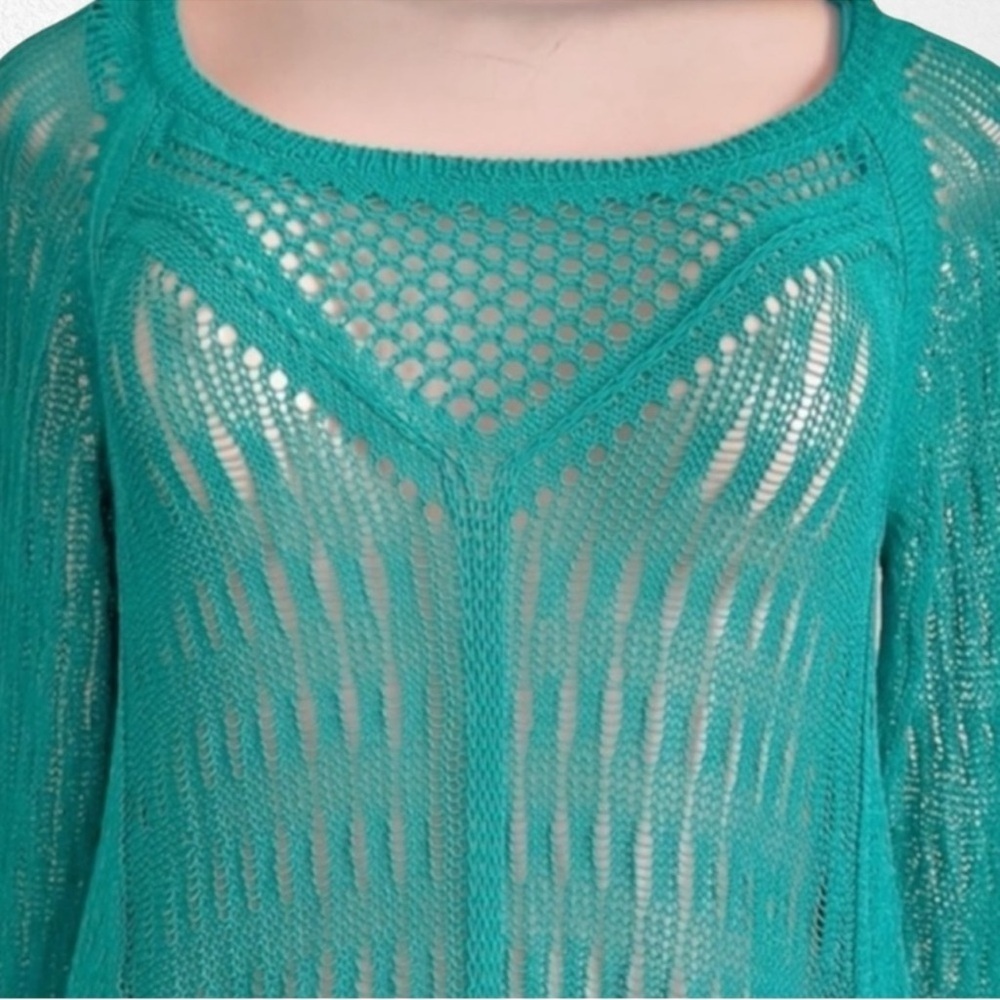 L*SPACE Vista Beach Crochet Sweater Fringe Coverup Teal SZ XS - Picture 3 of 9